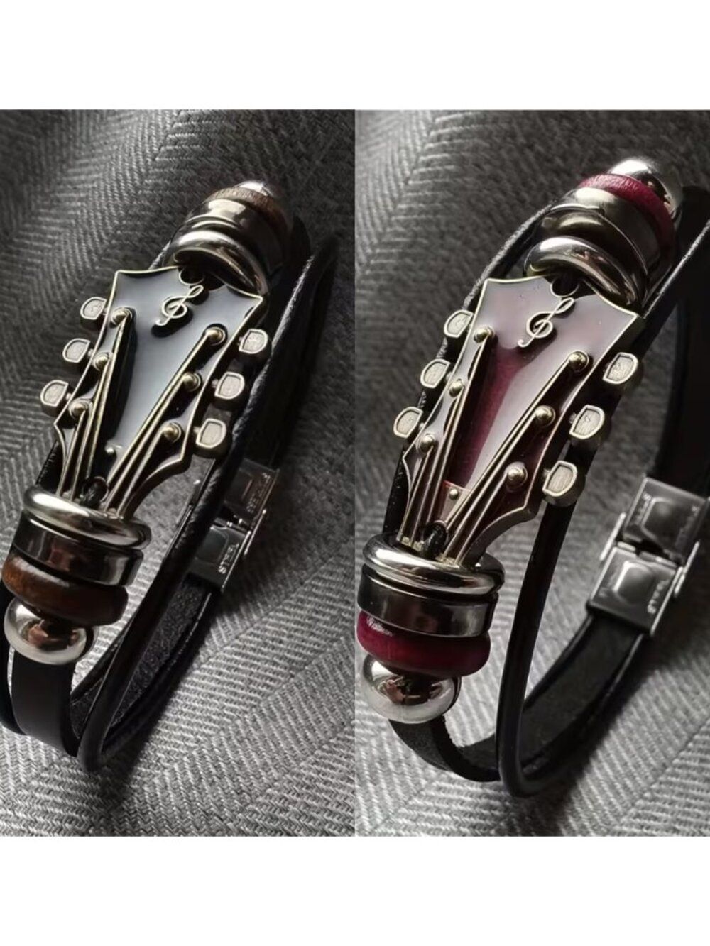 NWT Vintage Guitar Headstock Bracelet Muscian Jewerly Vegan Leather 2 Colors